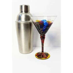 Hand Painted Romanian Art Martini Glass, Gold Thread Accents, Set of One (1)